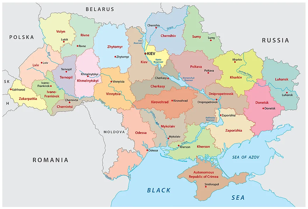 Map of Ukraine, Showing Oblasts